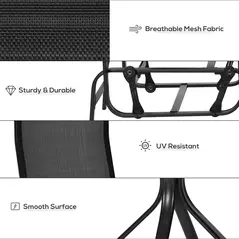 Outsunny 3 Pieces Garden Gliding Chair Set, Metal Frame 2 Single Armchair Swing Seater and 1 Glass Top Coffee Table w/ Breath Mesh Fabric Seat, Black - 6