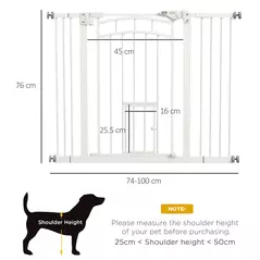 PawHut Pressure Fit Stair Dog Gate w/ Small Cat Door, Automatic Closing Door, Double Locking, for 74-100cm Openings - White - 3