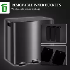 HOMCOM 3 x 15L Pedal Bin, Steel Triple Kitchen Bin with Soft Close Lid, Removable Inner Buckets, Fingerprint-Proof, Black - 7