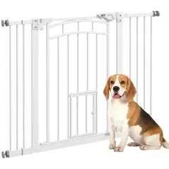 PawHut Pressure Fit Stair Dog Gate w/ Small Cat Door, Automatic Closing Door, Double Locking, for 74-100cm Openings - White - 1