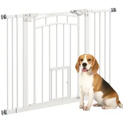 PawHut Pressure Fit Stair Dog Gate w/ Small Cat Door, Automatic Closing Door, Double Locking, for 74-100cm Openings - White - 1