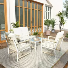 Outsunny 4 Piece Rattan Garden Furniture Set, 4 Seater Wicker Patio Conversation Set with 2 Armchairs, Loveseat, Glass Top Coffee Table and Cushions for Outdoor, Balcony, Khaki - 8