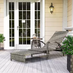 Outsunny Reclining Rattan Lounger, with Extending Footrest - Grey - 2