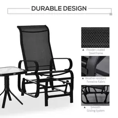 Outsunny 3 Pieces Garden Gliding Chair Set, Metal Frame 2 Single Armchair Swing Seater and 1 Glass Top Coffee Table w/ Breath Mesh Fabric Seat, Black - 5