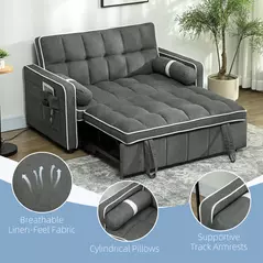 HOMCOM Two-Seater Linen-Look Sofa Bed - Charcoal Grey - 6