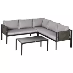 Outsunny 5 Seater Garden Corner Sofa Set, 4 Pieces Metal Garden Furniture Set with Loveseats, Glass Top Coffee Table, Breathable Mesh Pocket, Outdoor Conversation Furniture with Cushions, Light Grey - 1