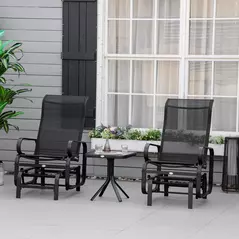 Outsunny 3 Pieces Garden Gliding Chair Set, Metal Frame 2 Single Armchair Swing Seater and 1 Glass Top Coffee Table w/ Breath Mesh Fabric Seat, Black - 2