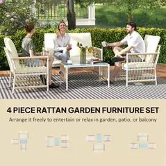 Outsunny 4 Piece Rattan Garden Furniture Set, 4 Seater Wicker Patio Conversation Set with 2 Armchairs, Loveseat, Glass Top Coffee Table and Cushions for Outdoor, Balcony, Khaki - 4
