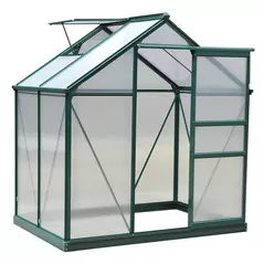 Outsunny 6 x 4ft Polycarbonate Greenhouse, Large Walk-In Green House with Slide Door and Window, Garden Plants Grow House with Aluminium Frame and Foundation, Dark Green - 1