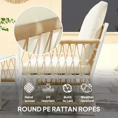 Outsunny 4 Piece Rattan Garden Furniture Set, 4 Seater Wicker Patio Conversation Set with 2 Armchairs, Loveseat, Glass Top Coffee Table and Cushions for Outdoor, Balcony, Khaki - 5