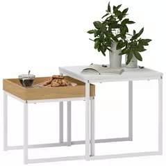 HOMCOM Set of Two Boxy Nesting Tables - White/Wood-Effect - 1