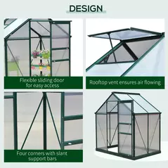 Outsunny 6 x 4ft Polycarbonate Greenhouse, Large Walk-In Green House with Slide Door and Window, Garden Plants Grow House with Aluminium Frame and Foundation, Dark Green - 4