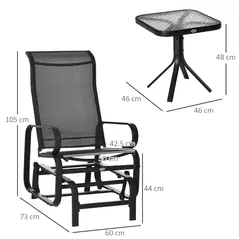 Outsunny 3 Pieces Garden Gliding Chair Set, Metal Frame 2 Single Armchair Swing Seater and 1 Glass Top Coffee Table w/ Breath Mesh Fabric Seat, Black - 3