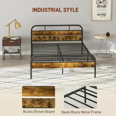 HOMCOM Industrial-Style Double Bed Frame - Black/Brown - 4
