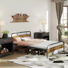 HOMCOM Industrial-Style Double Bed Frame - Black/Brown - 2