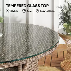 Outsunny Wicker Garden Rattan Table, Patio Furniture Outdoor Coffee Table with Umbrella Hole and Tempered Glass Top, Brown - 6