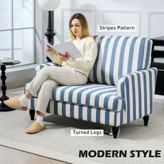 HOMCOM Modern Cuddle Chair, Velvet Single Sofa Armchair with Stripe, Turned Legs and Wide Seat, Upholstered Snuggle Chair for Living Room, Bedroom, Blue and White - 4