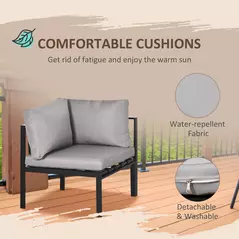 Outsunny 5 Seater Garden Corner Sofa Set, 4 Pieces Metal Garden Furniture Set with Loveseats, Glass Top Coffee Table, Breathable Mesh Pocket, Outdoor Conversation Furniture with Cushions, Light Grey - 7