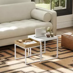 HOMCOM Set of Two Boxy Nesting Tables - White/Wood-Effect - 6