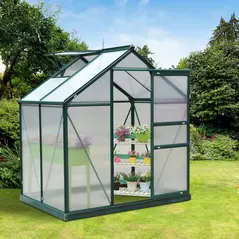 Outsunny 6 x 4ft Polycarbonate Greenhouse, Large Walk-In Green House with Slide Door and Window, Garden Plants Grow House with Aluminium Frame and Foundation, Dark Green - 2
