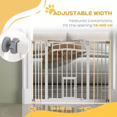 PawHut Pressure Fit Stair Dog Gate w/ Small Cat Door, Automatic Closing Door, Double Locking, for 74-100cm Openings - White - 7