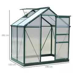 Outsunny 6 x 4ft Polycarbonate Greenhouse, Large Walk-In Green House with Slide Door and Window, Garden Plants Grow House with Aluminium Frame and Foundation, Dark Green - 3