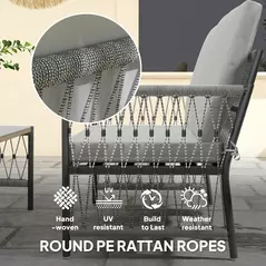 Outsunny 4 Piece Rattan Garden Furniture Set, 4 Seater Wicker Patio Conversation Set with 2 Armchairs, Loveseat, Glass Top Coffee Table and Cushions for Outdoor, Balcony, Grey - 5