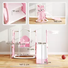 AIYAPLAY 4 in 1 Kids Slide and Swing Set with Climber, Basketball Hoop, Rabbit-Themed, Pink - 3
