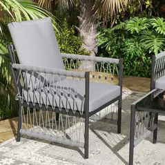 Outsunny 4 Piece Rattan Garden Furniture Set, 4 Seater Wicker Patio Conversation Set with 2 Armchairs, Loveseat, Glass Top Coffee Table and Cushions for Outdoor, Balcony, Grey - 9