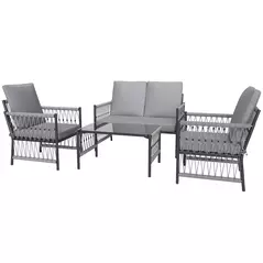 Outsunny 4 Piece Rattan Garden Furniture Set, 4 Seater Wicker Patio Conversation Set with 2 Armchairs, Loveseat, Glass Top Coffee Table and Cushions for Outdoor, Balcony, Grey - 1