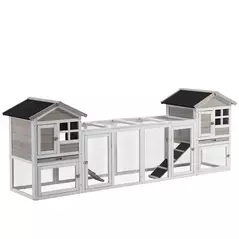 PawHut 2 in 1 Rabbit Hutch Outdoor Guinea Pig Hutch Bunny Run Double Main House with Run, No-Leak Tray 259 x 64 x 92cm, Grey - 1
