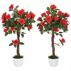 Outsunny Set of 2 Artificial Plants White Rose Floral in Pot, Fake Plants for Home Indoor Decor, 90cm, Red - 1