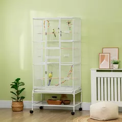 PawHut Large Bird Cage Budgie Cage 3 Tier Aviary with Stand Wheels, Toys, Ladders, Shelf for Canaries, Finches, Cockatiels, Parakeets - White - 2
