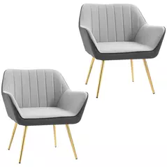 HOMCOM Velvet Armchairs, Upholstered Accent Chairs with Golden Steel Legs, Modern Vanity Chairs for Living Room and Bedroom, Set of 2, Light Grey - 1