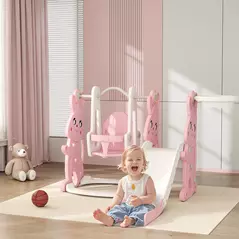 AIYAPLAY 4 in 1 Kids Slide and Swing Set with Climber, Basketball Hoop, Rabbit-Themed, Pink - 2