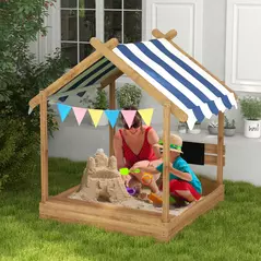 Outsunny House-Designed Wooden Sandbox, Outdoor Sandpit, with Blackboard, Toys, Sink, Seats, Flags, for Ages 3-7 Years - Brown - 2