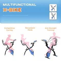 HOMCOM 2-in-1 Folding Exercise Bike with 8-Level Magnetic Resistance, Arm Resistance Band, Pulse Sensor, Blue - 8
