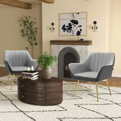 HOMCOM Velvet Armchairs, Upholstered Accent Chairs with Golden Steel Legs, Modern Vanity Chairs for Living Room and Bedroom, Set of 2, Light Grey - 2