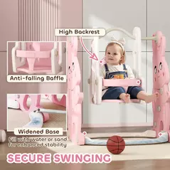 AIYAPLAY 4 in 1 Kids Slide and Swing Set with Climber, Basketball Hoop, Rabbit-Themed, Pink - 6