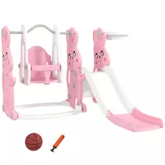 AIYAPLAY 4 in 1 Kids Slide and Swing Set with Climber, Basketball Hoop, Rabbit-Themed, Pink - 1