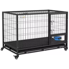 PawHut Heavy Duty Dog Crate on Wheels w/ Bowl Holder, Removable Tray, Openable Top, Detachable Door, for L, XL Dogs - 1