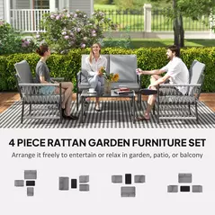 Outsunny 4 Piece Rattan Garden Furniture Set, 4 Seater Wicker Patio Conversation Set with 2 Armchairs, Loveseat, Glass Top Coffee Table and Cushions for Outdoor, Balcony, Grey - 4