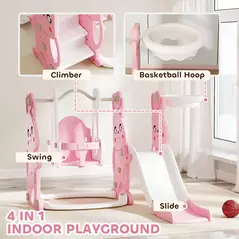 AIYAPLAY 4 in 1 Kids Slide and Swing Set with Climber, Basketball Hoop, Rabbit-Themed, Pink - 4