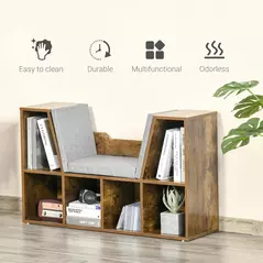 HOMCOM Bookcase Storage Shelf with Cushioned Reading Seat, Cube Bookshelf Organizer for Bedroom Living Room, Rustic Brown - 7