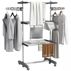 HOMCOM Three-Shelf Collapsing Clothes Horse, With Side Arms and Wheels - Grey - 1