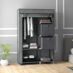 HOMCOM Fabric Wardrobe, Portable Wardrobe, Clothes Storage Unit with 5 Compartments, Hanging Rail and 2 Fabric Drawers, 102 x 42.5 x 162.5cm, Dark Grey - 2