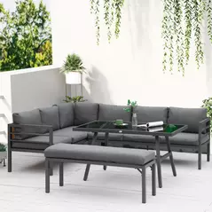 Outsunny 4 Piece L-shaped Garden Furniture Set 8-Seater Aluminium Outdoor Dining Set Conversation Sofa Set w/ Bench, Dining Table & Cushions, Grey - 2