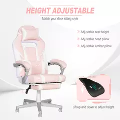 HOMCOM Faux Leather Reclining Gaming Chair, with Footrest - Pink/White - 4