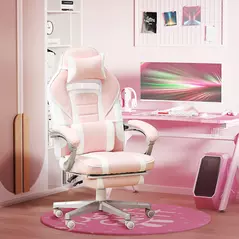 HOMCOM Faux Leather Reclining Gaming Chair, with Footrest - Pink/White - 2