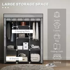 HOMCOM Fabric Wardrobe, with Rails and Shelves - Light Grey - 4